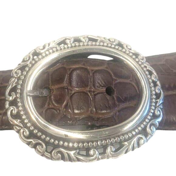 Womens Faux Alligator Belt Black Brown Embossed Round Buckle Reversible Silver - Picture 2 of 5